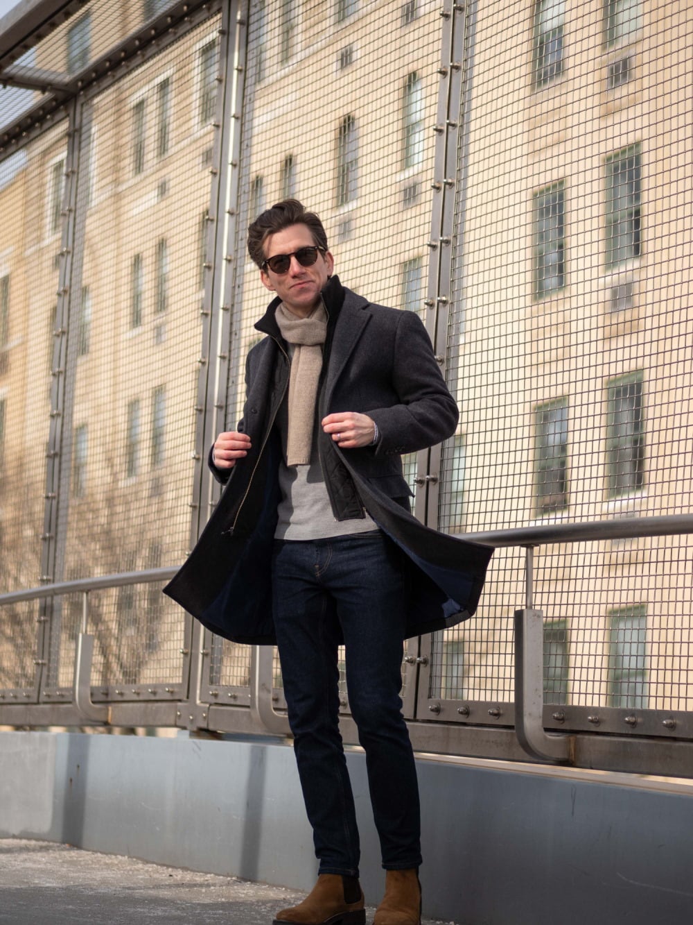 Overcoat with scarf boots and sweater