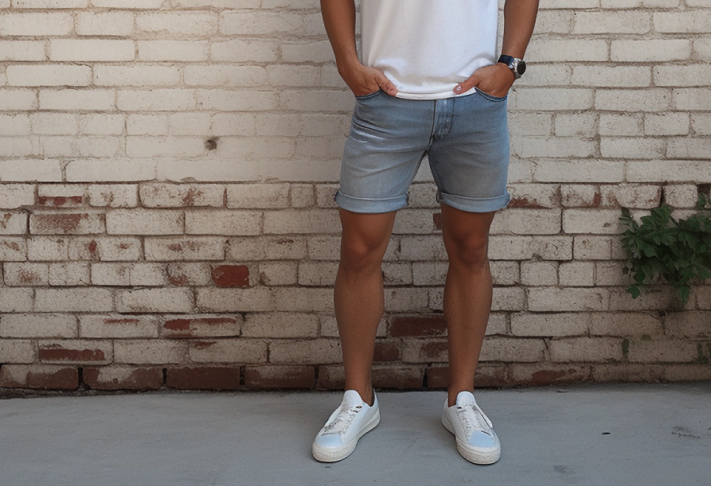 Man wearing denim shorts and no socks