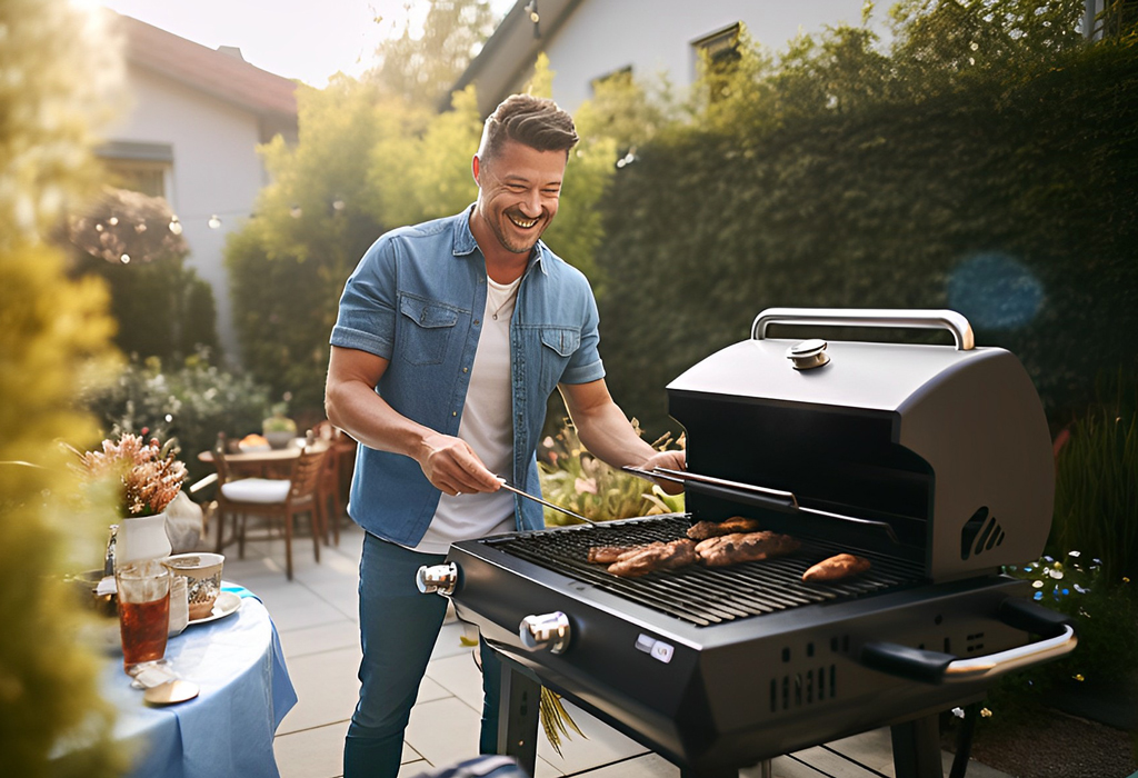 guy making bbq wearing blue jeans