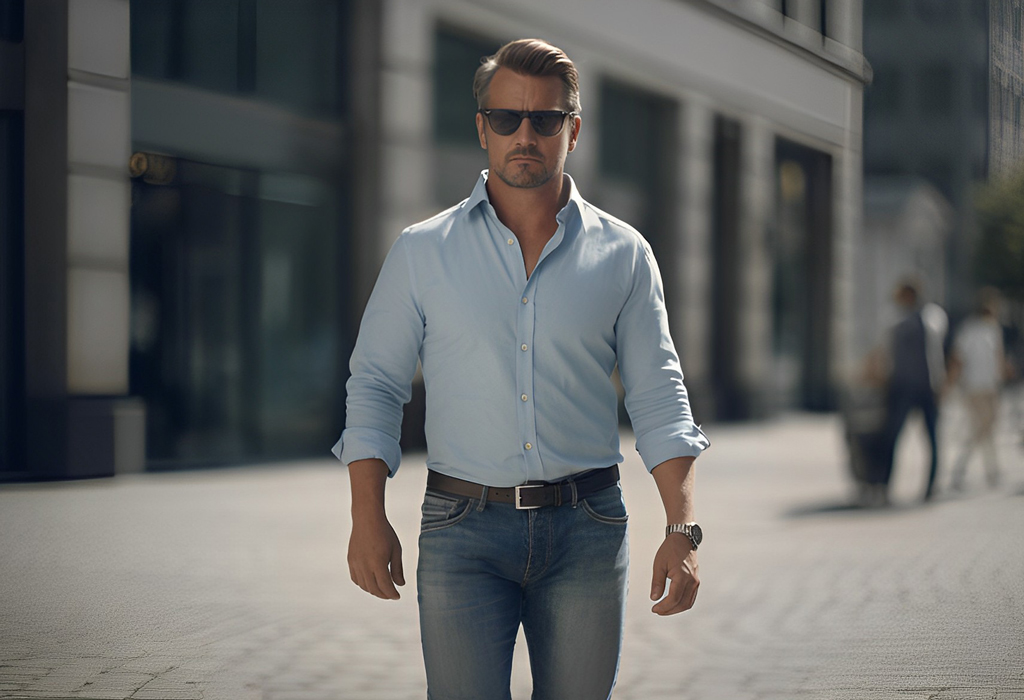 man wearing blue naturally faded jeans 