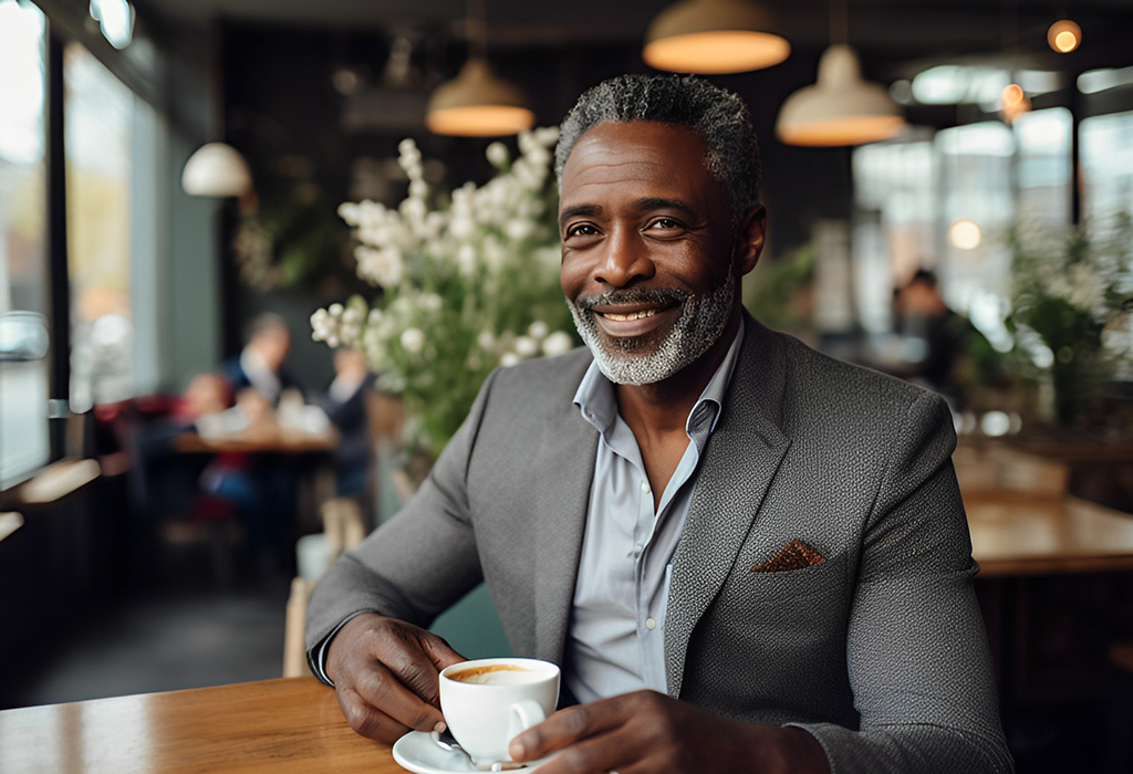 attractive older man drinks coffee