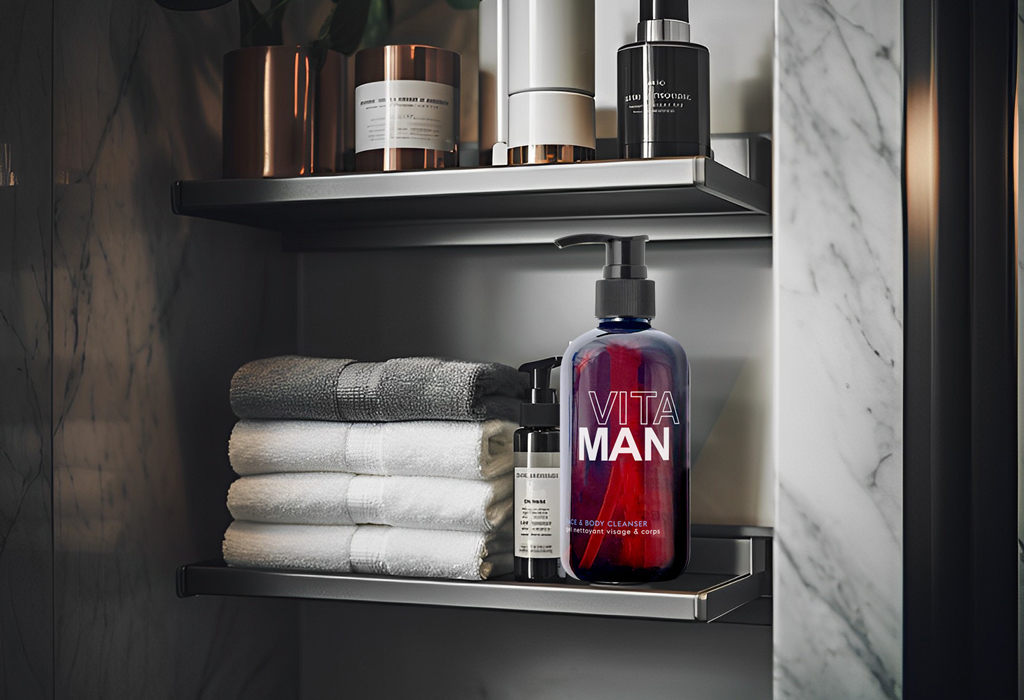 body wash on bathroom shelf