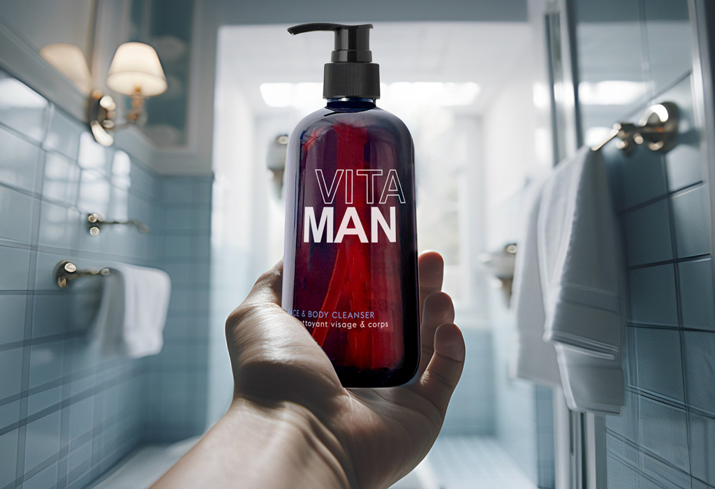 man holding bottle of organic body cleanser