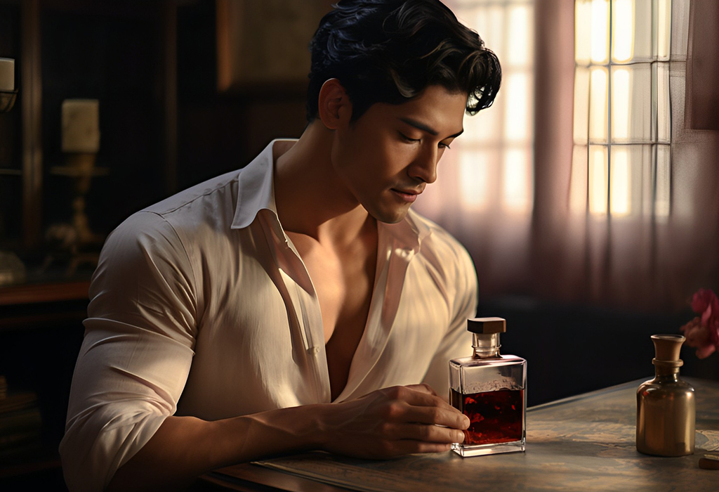 man with bottle of perfume attractive for women