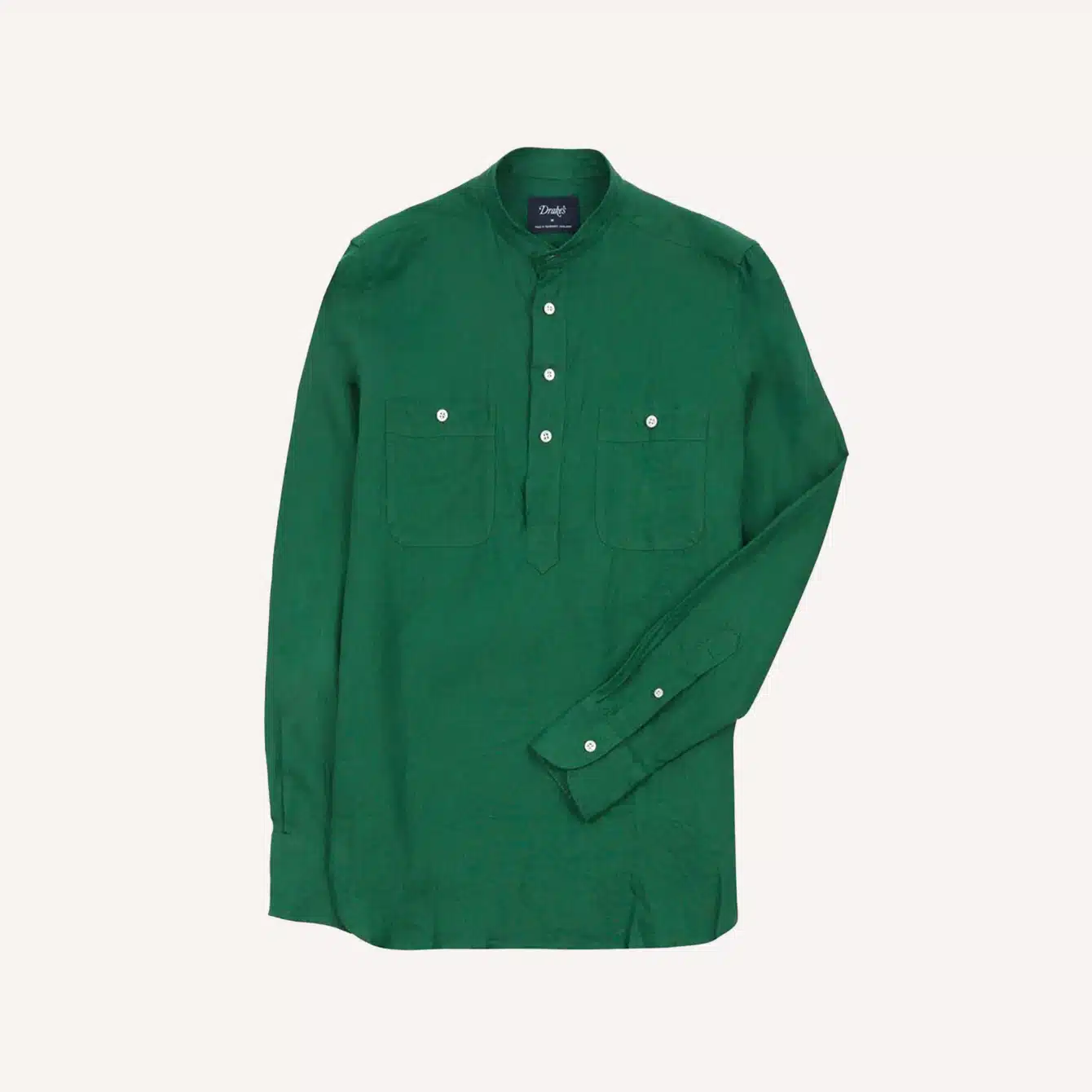 Drakes Green Linen Mandarin Collar Popover Shirt