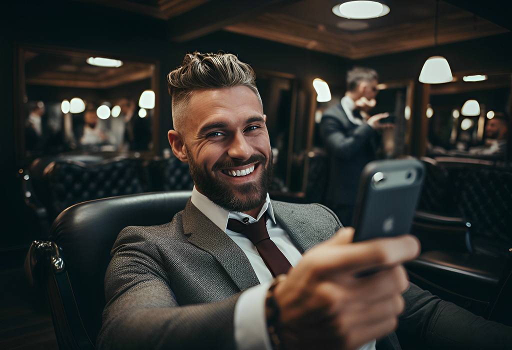 professional young man engages with likeminded people on Instagram via smartphone