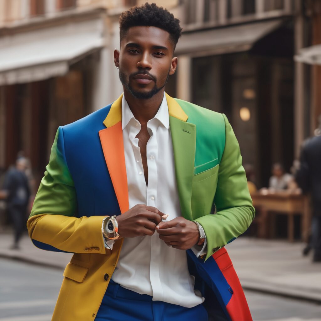 A man wearing color blocked blazer