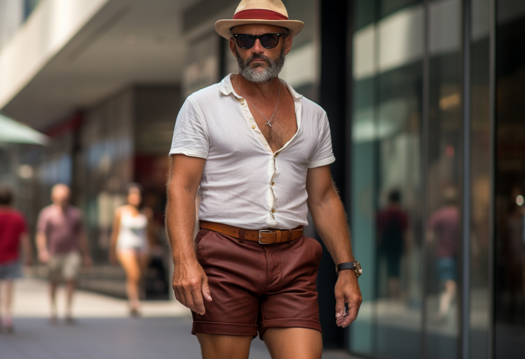 man wearing shorts ith casual shirt and panama hat