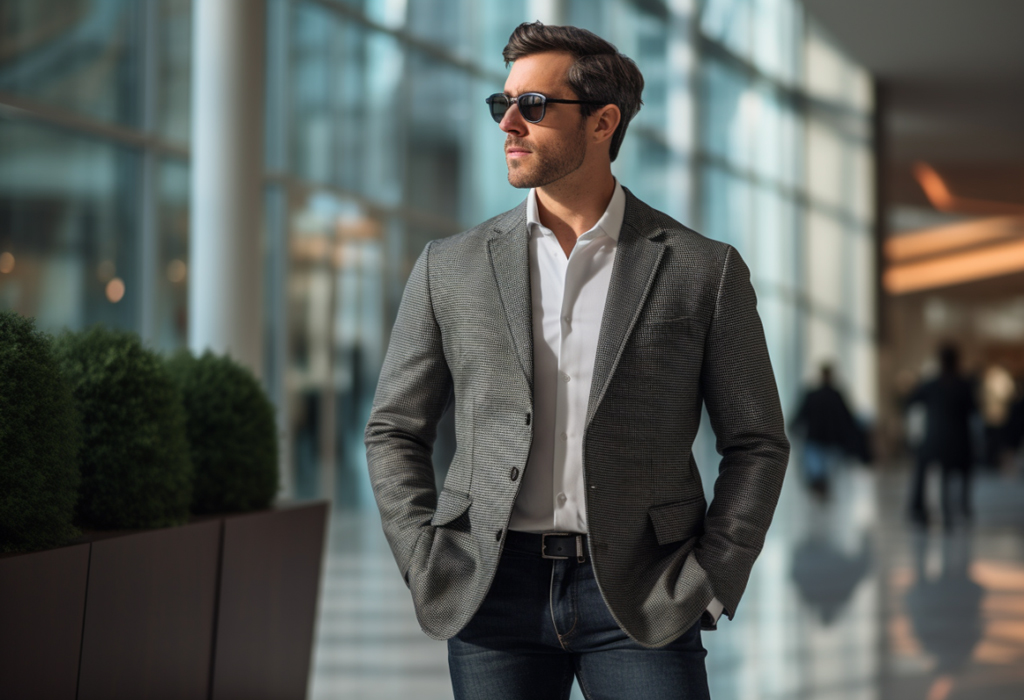 man wears suit jacket with jeans and tie for work