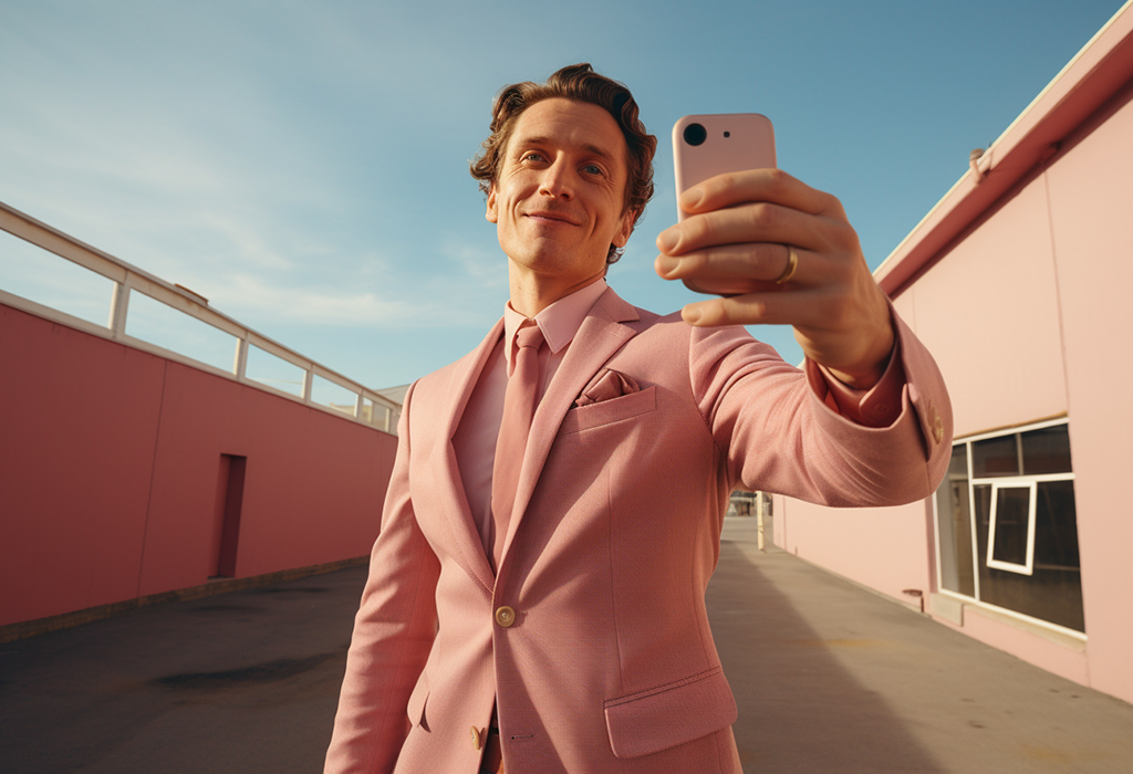 Man on phone in pink suit