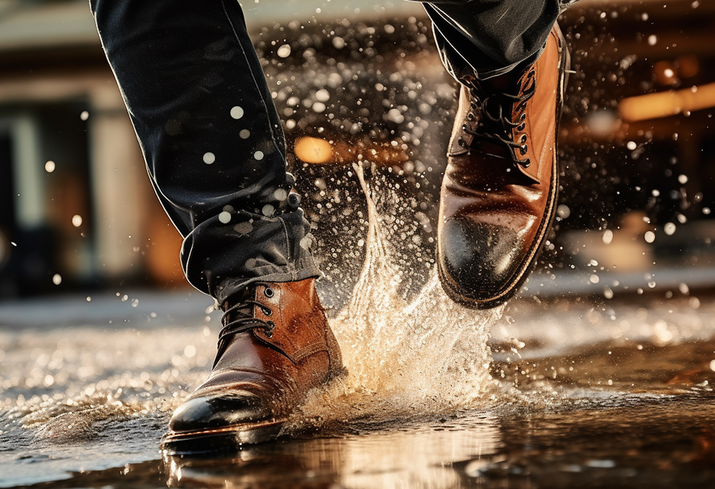 running in leather boots through water