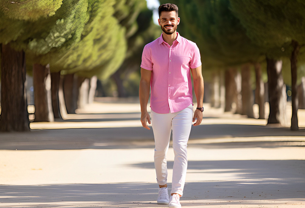 Мужчина в розовой рубашке с коротким рукавом