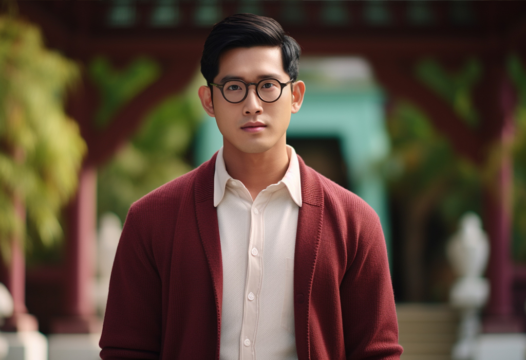 young guy in cardigan sweater and collared shirt