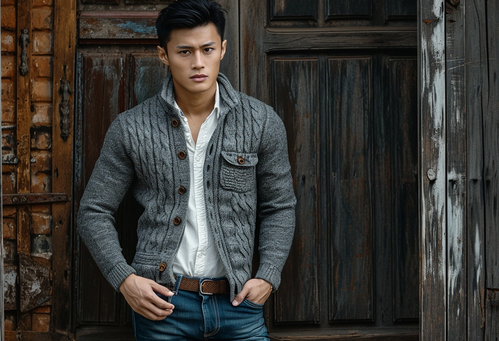 Guy earing Cardigan Sweater, Shirt & Jeans