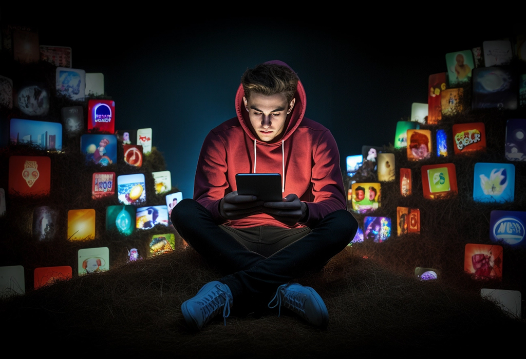 young man surfing social media on tablet