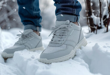 Tennis shoes with cuffed jeans on snow