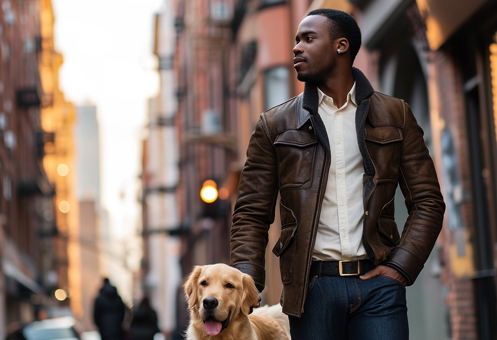 man wearing leather jacket walking a dog