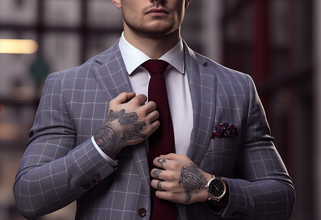 man in suit with tattooed hands