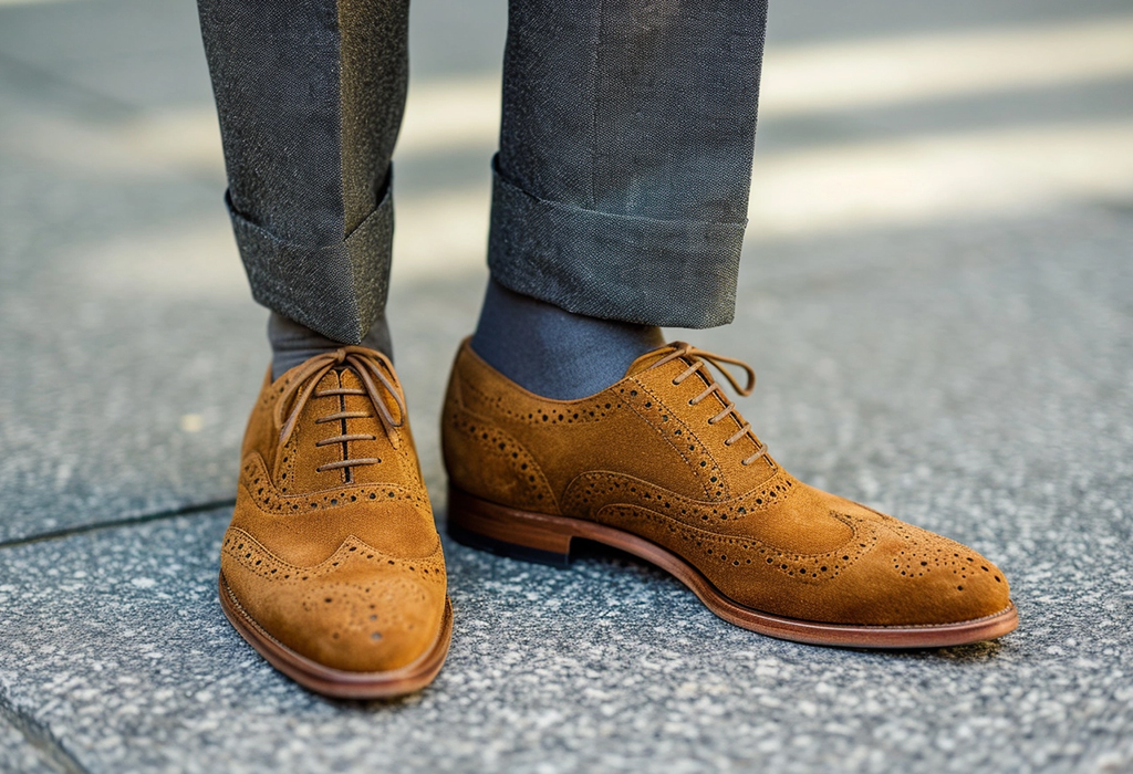 Close-up of a person's feet wearing elegant brown leather brogue shoes, complemented by grey trousers and blue socks, standing on a city sidewalk