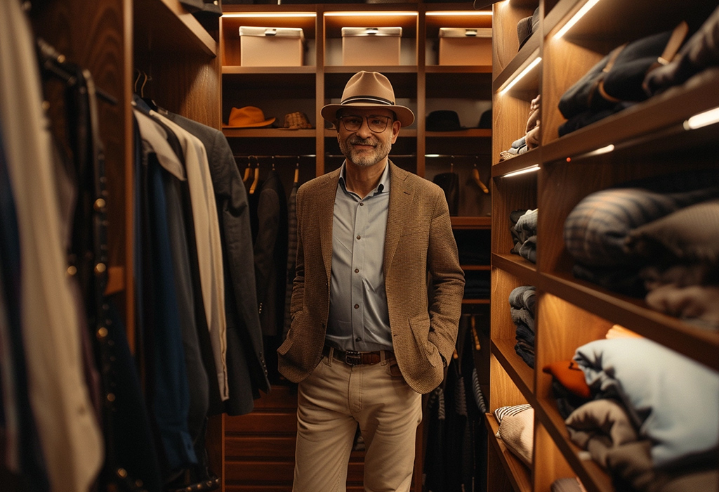 man in hat inside the wardrobe closet