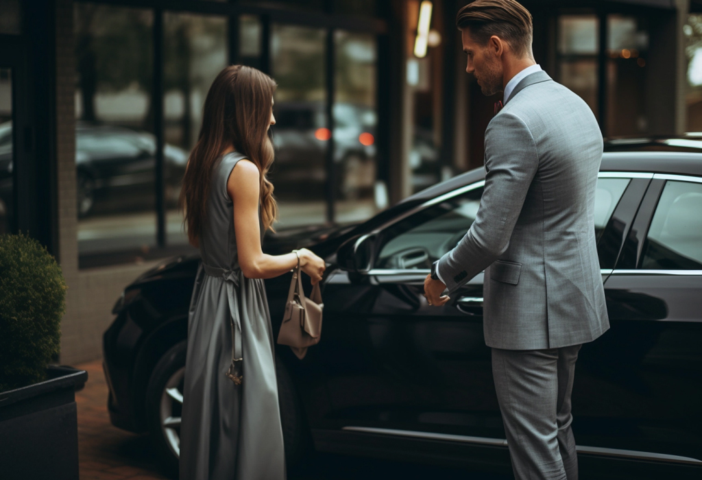 man offers to open car door for woman