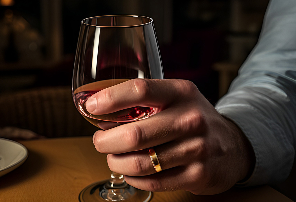 man holding glass of wine in his hand