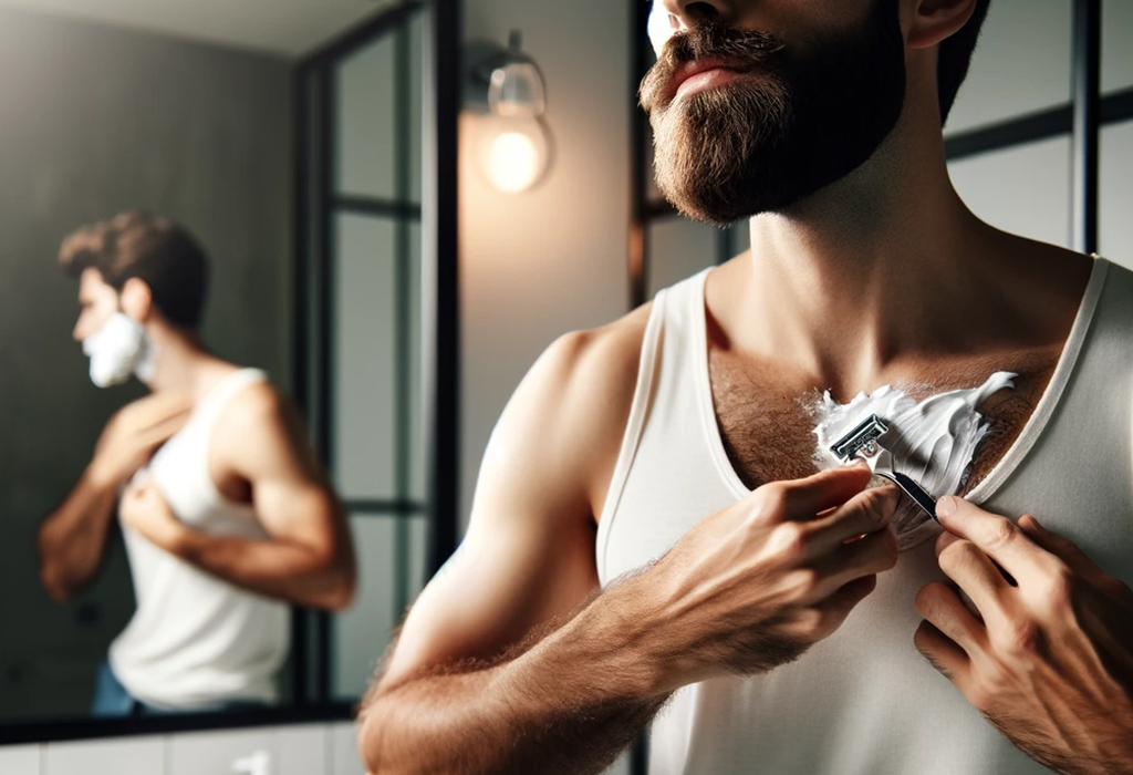 man shaving chest