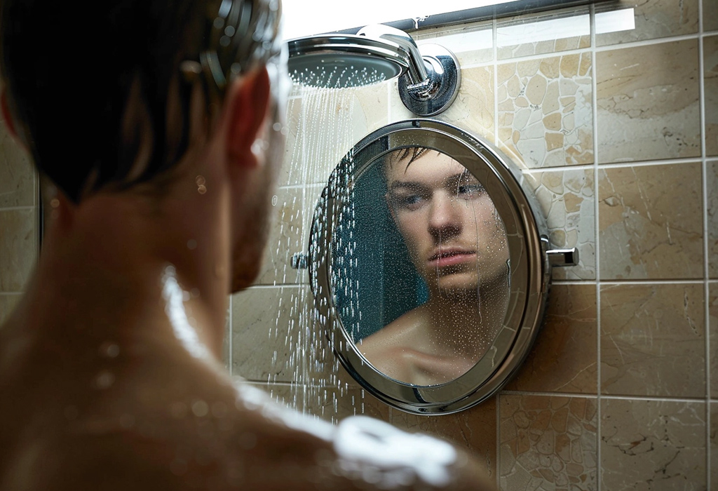 A man seen from behind in the shower, looking into a mirror mounted inside the shower, which is partially obscured by water droplets, reflecting a moment of personal care