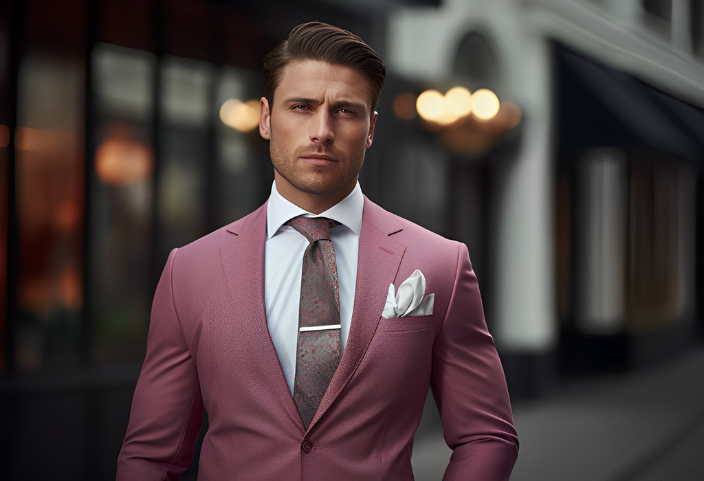 man in pink suit wearing pocket square