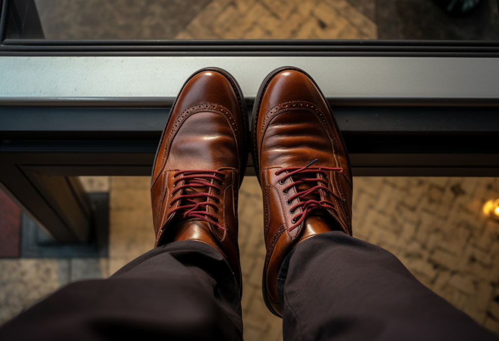 man wearing brown shoes