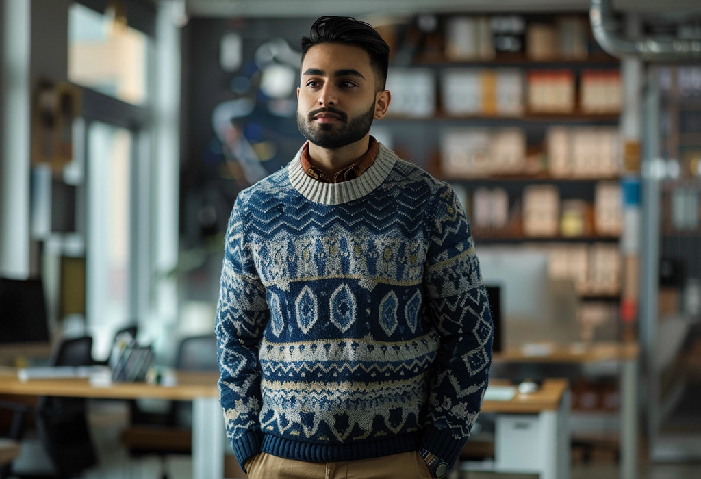 man wearing wool blue Fair Isle knit sweater over brown shirt and khaki pants