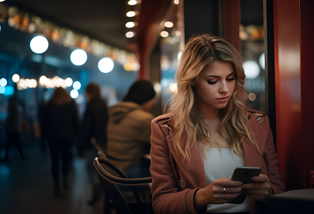 a woman holding her phone about to give a man her number