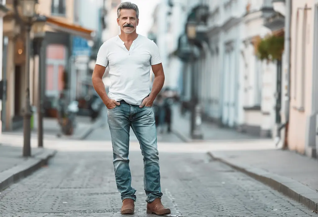 man with a mustache wearing loose-fitting, blue, bootcut jeans with a white t-shirt and boots