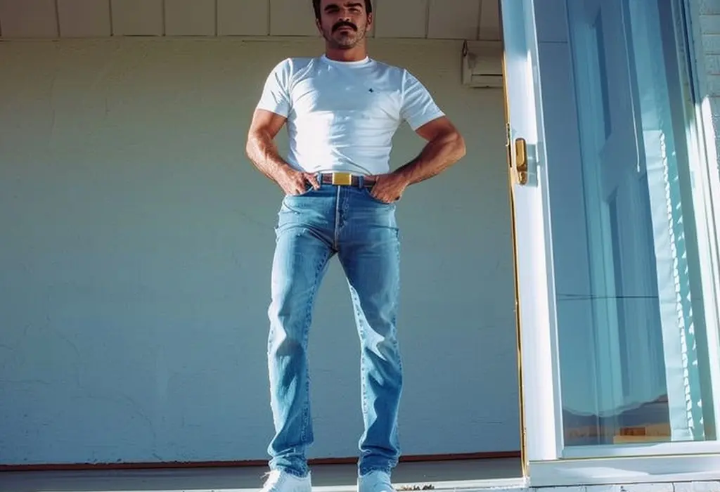 strong, mustached man wearing a white t-shirt with retro blue jeans and big white sneakers