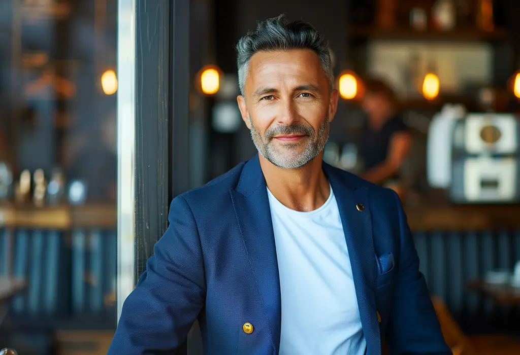 handsome middle-aged man at a cafe wearing a blue navy blazer with gold buttons over a white t-shirt