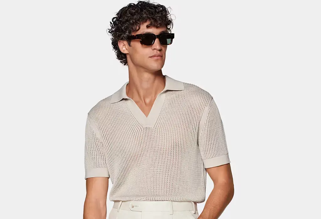 The Best Poolside Polo: Sand Crochet Buttonless Polo by SUITSUPPLY