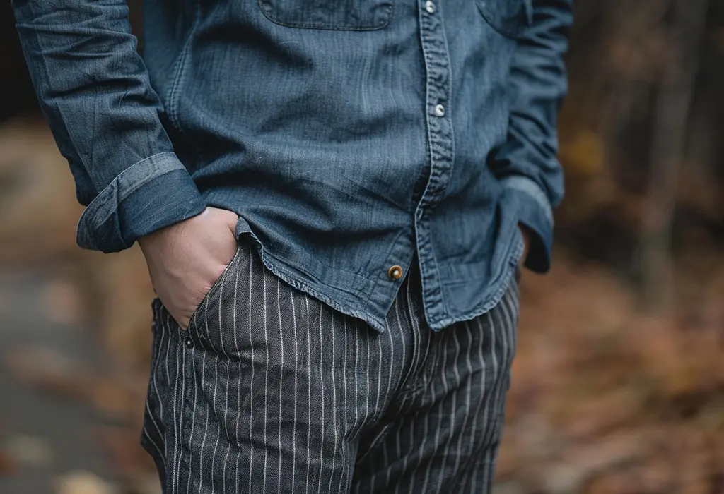 Man wearing white/black pinstriped rugged denim work pants with a blue denim shirt