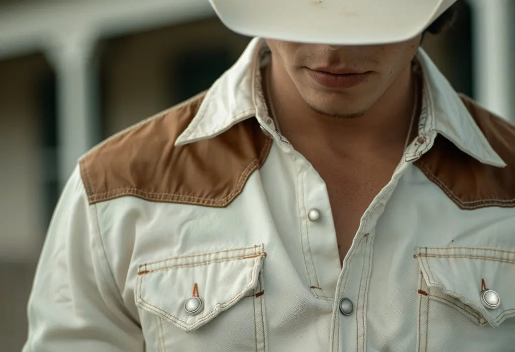 man wearing a white western shirt with pearl snap buttons and a contrasting brown yoke