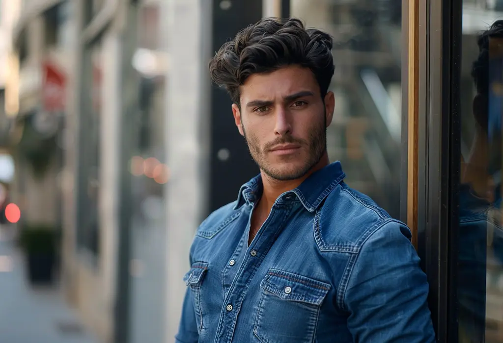 young guy wearing a classic blue denim shirt