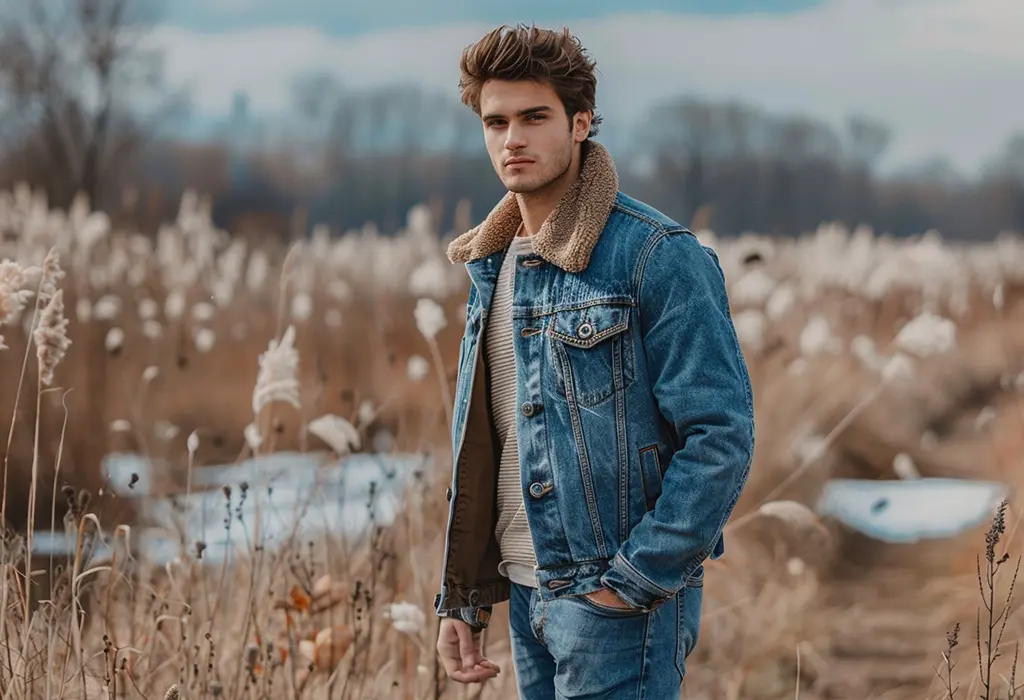 man wearing a sherpa collared denim jacket