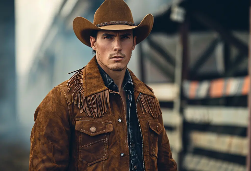 man wearing a brown suede western jacket with fringes