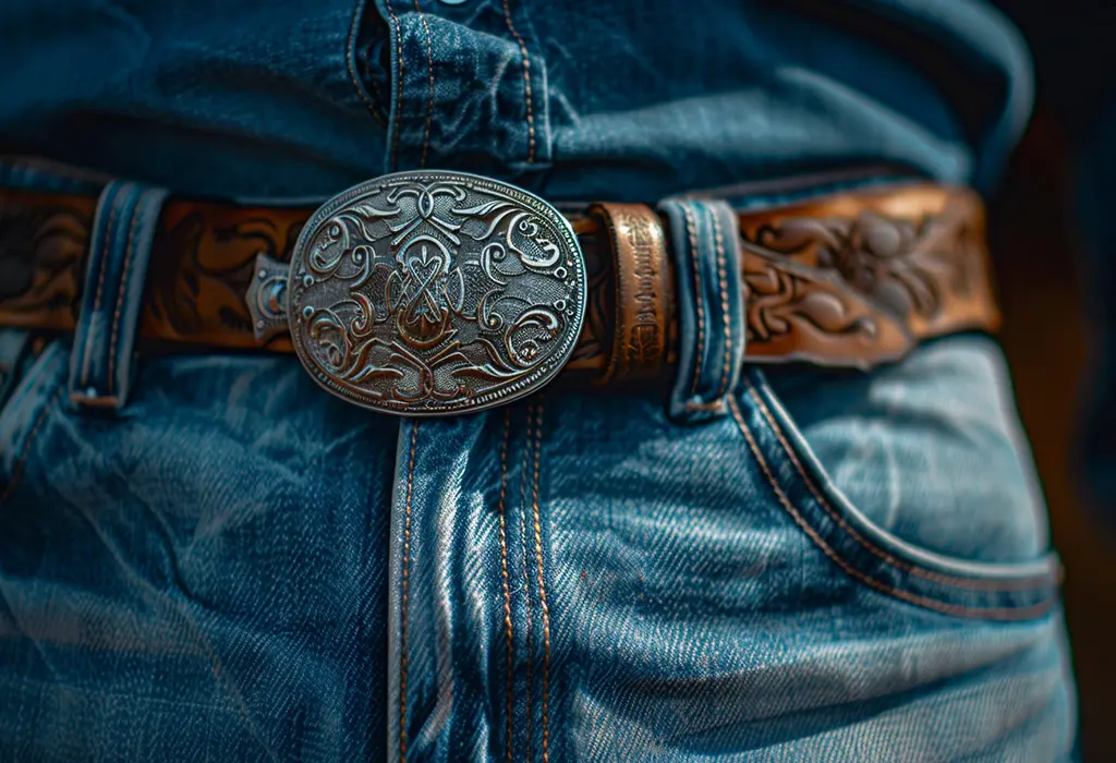 western leather belt on jeans with silver buckle