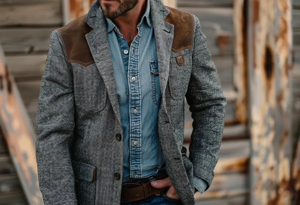 man wearing a gray herringbone western sport coat with a denim shirt