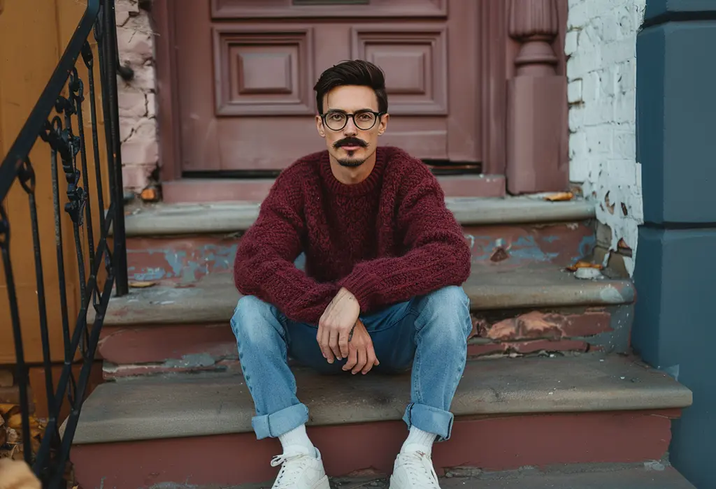 fit man with a neat, bushy mustache and glasses, wearing classic fit blue jeans, chunky white sneakers, and a fuzzy, maroon wool sweater