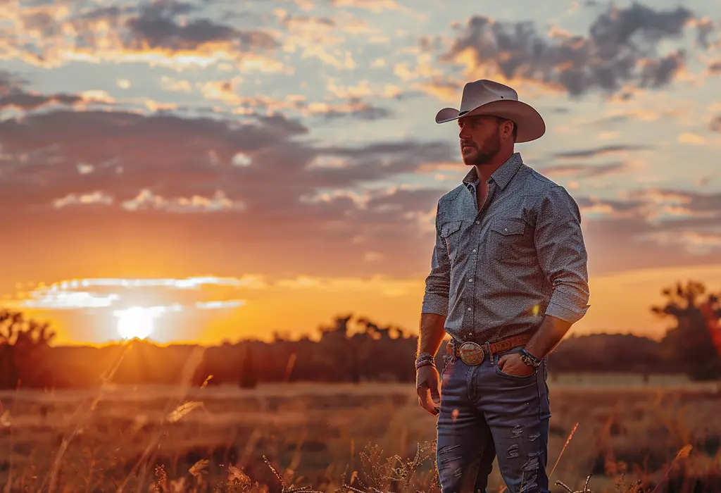 man wearing a western shirt with cowboy jeans and cowboy boots, with a western frontier sunset in the background