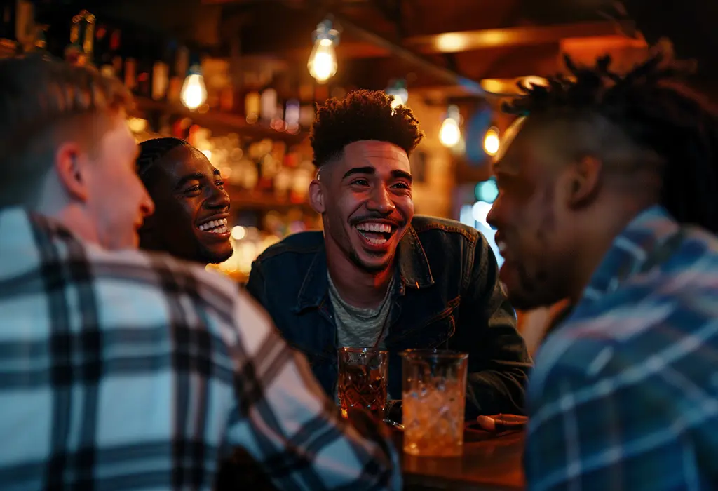 handsome young man at a bar with a group of friends, laughing together