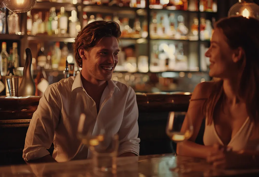 man sitting at a bar with a woman on a date, listening to her speak