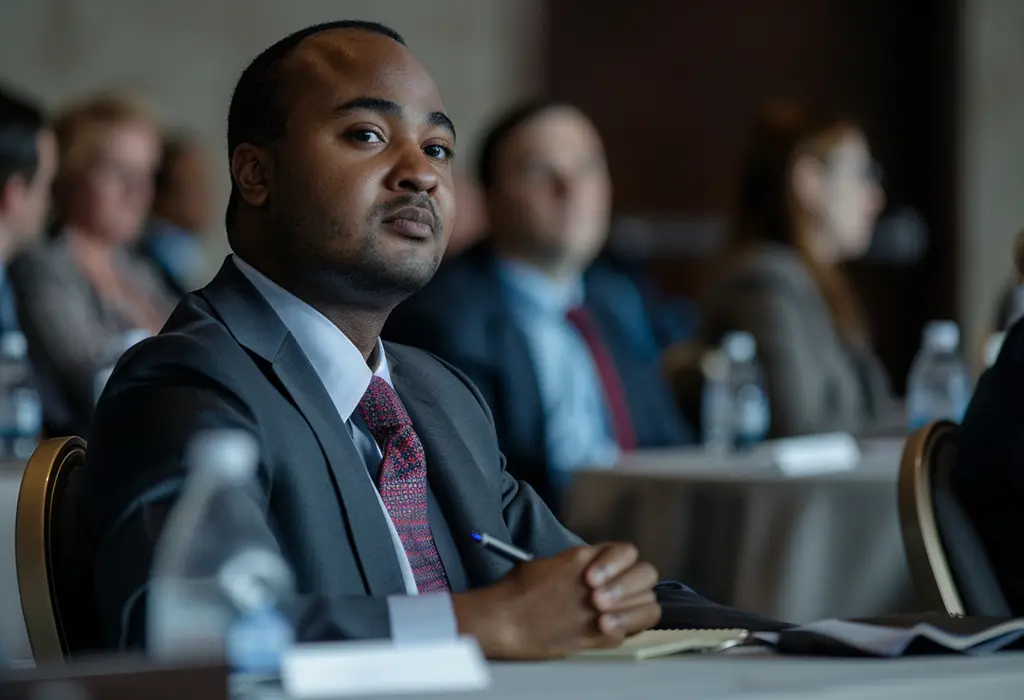 man in a business suit sitting in a conference meeting, carefully paying attention to another man speaking and taking notes