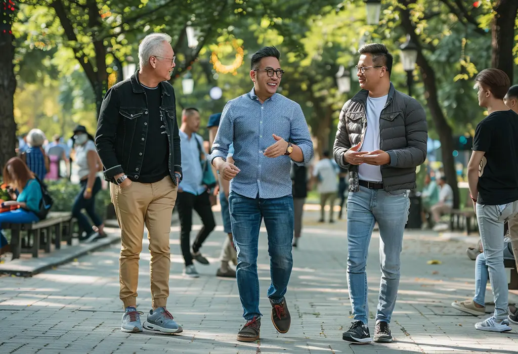 man strolling through a busy park surrounded by others