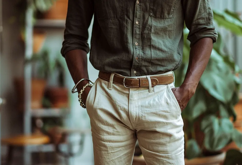 man wearing off-white painter pants with a tan belt and a dark green linen shirt